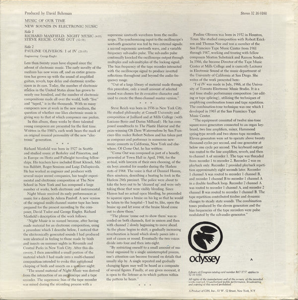 Steve Reich / Richard Maxfield / Pauline Oliveros : New Sounds In Electronic Music (Come Out / Night Music / I Of IV) (LP, RE)
