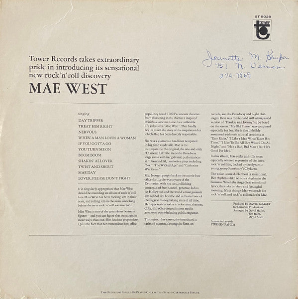 Mae West : Way Out West (LP, Album, Scr)